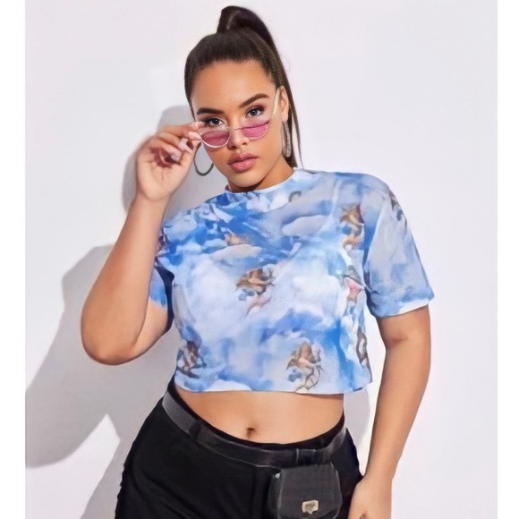 SHEIN Tops - Angel Print Sheer Top